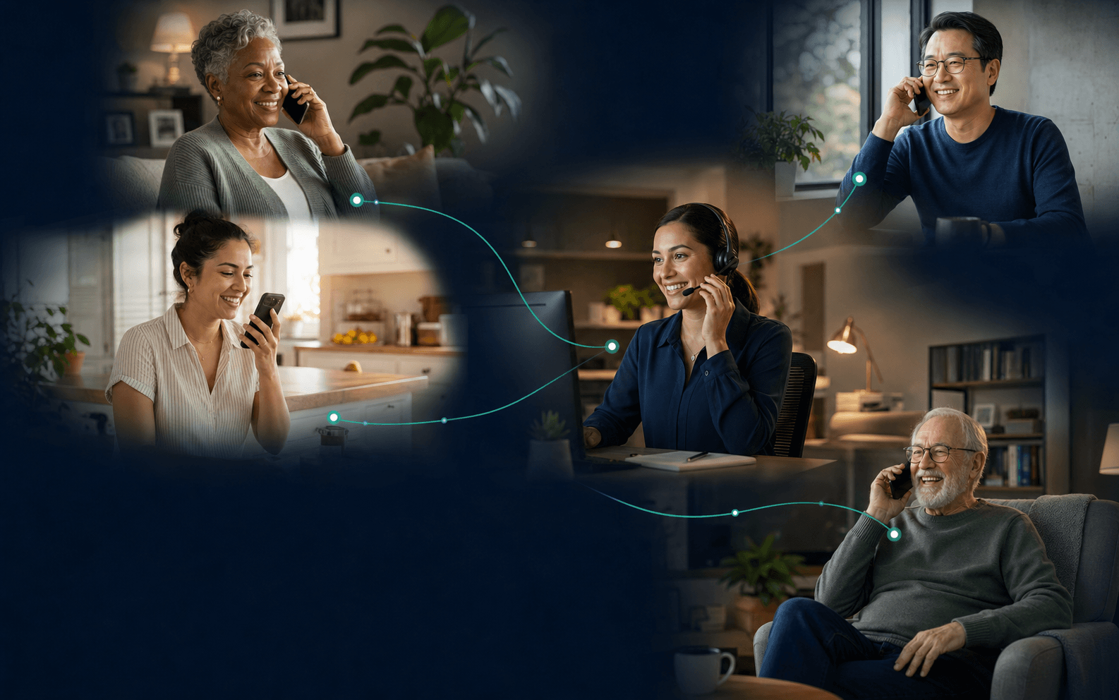 Four patients using their phones while connected to a smiling care coordinator